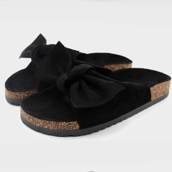 Black Bow Knot Cork Slides Sandals - Picture 8 of 11